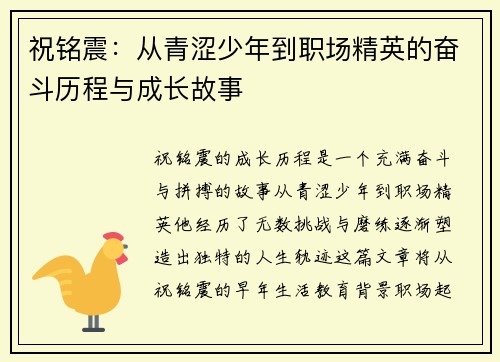 祝铭震：从青涩少年到职场精英的奋斗历程与成长故事